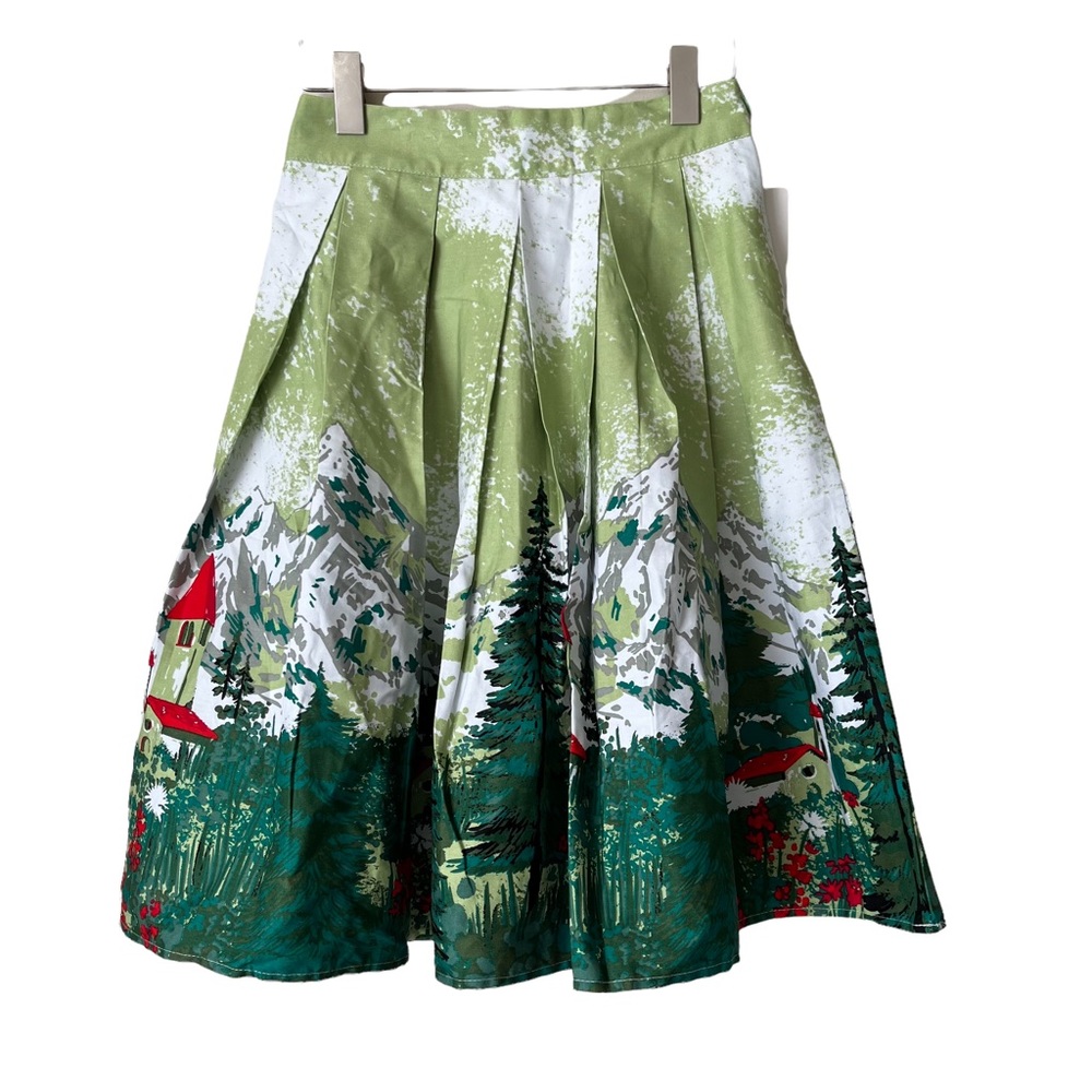 Dressever Womens Pleated Skirt Swiss Mountain Village Print size XS Green Red